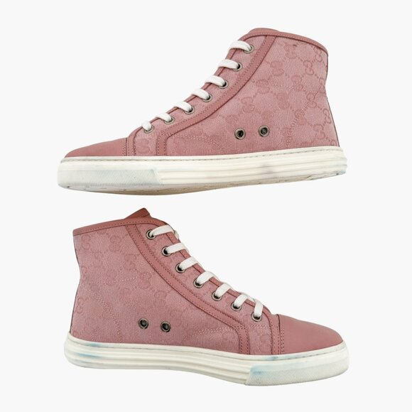 Gucci Rebel High Top GG Sneakers EU 37 US 7 Pink Monogram Canvas Lace Up Cap Toe - Picture 9 of 13